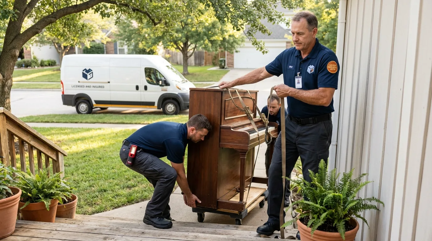 Licensed piano movers securing grand piano in Forest Park, GA