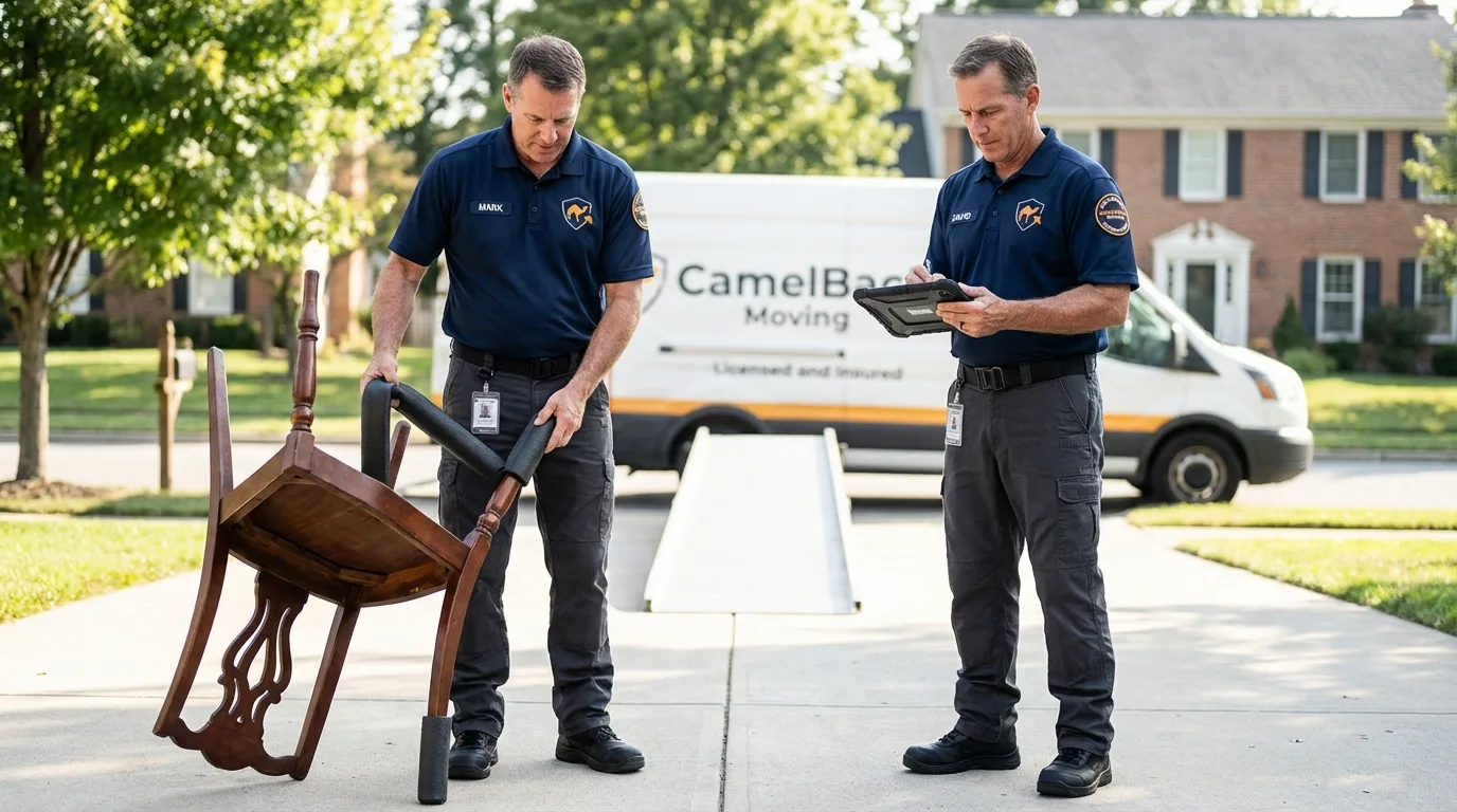 Movers inspecting furniture for damage prevention before loading in Forest Park, GA