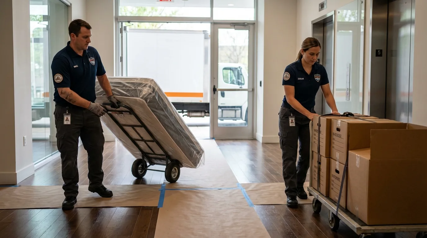 Professional apartment movers loading elevator in Forest Park, GA